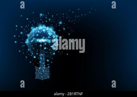 Lampadina di triangoli e punti luminosi. Sfondo di un bel cielo notturno blu scuro. Idea di concetto. Illustrazione poligonale. Poli basso Foto Stock