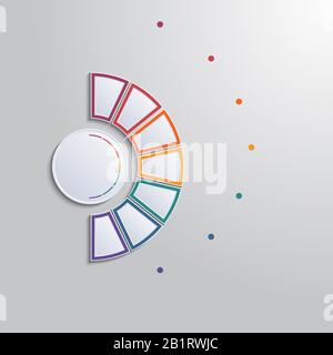 Infografica modello con 7 posizioni di area di testo. Diagramma con elementi multicolore di semicerchio intorno a un cerchio. Foto Stock