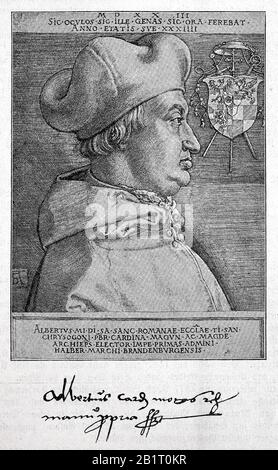 Alberto di Brandeburgo, Albrecht von Brandenburg, 28 giugno 1490 - 24 settembre 1545, Elector e Arcivescovo di Magonza e Arcivescovo di Magdeburgo/Kardinal Albert von Brandenburg, Albrecht von Brandenburg, 28. Juni 1490 - 24. Settembre 1545, Kurfürst und Erzbischof von Mainz und Erzbischof von Magdeburg, Historich, riproduzione digitale migliorata di un originale del 19th secolo / digitale Reproduktion einer Originalvorlage aus dem 19. Jahrhundert Foto Stock