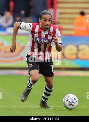 Randell Williams di Exeters durante la partita Della Sky Bet League Two a St James Park, Exeter. Foto PA. Data Immagine: Sabato 12 Ottobre 2019. Vedi la storia PA CALCIO Exeter. È necessario leggere il documento di credito fotografico: Mark Kerton/PA Wire. Restrizioni: Uso editoriale non utilizzare con audio, video, dati, elenchi di fixture, logo club/campionato o servizi "live" non autorizzati. Uso on-line in-match limitato a 120 immagini, senza emulazione video. Non utilizzare in scommesse, giochi o singole pubblicazioni club/campionato/giocatore. Foto Stock