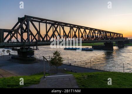 Duisburg, Nord Reno-Westfalia, Germania - 09 novembre 2019: Vista dal Rheinpark verso il ponte ferroviario di Hochfeld Foto Stock