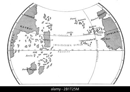 La mappa mondiale di Toscanelli, Paolo dal Pozzo Toscanelli, 1397 - 1482 fu astrologo italiano, matematico, E cosmografo / Die Weltkarte nach Toscanelli, Paolo dal Pozzo Toscanelli, ein italienischer Arzt, Mathematiker, Astronom und Kartograf, Historisch, Digital migliorata riproduzione di un originale del 19th secolo / digitale Reproduktion einer Originalvorlage dem aus 19. Jahrhundert Foto Stock
