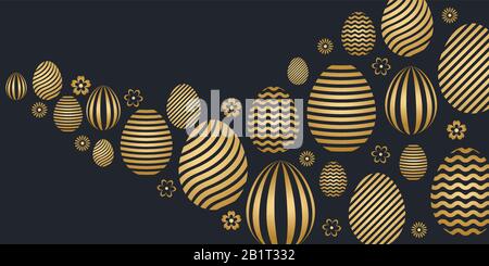 Buon banner di Pasqua con saluto di pasqua e uova di pasqua color oro. Illustrazione del vettore. Illustrazione Vettoriale