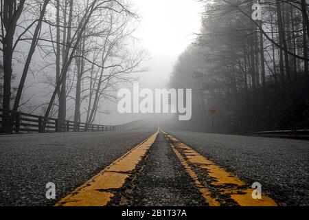 Strada di campagna di nebbia vicino alla Foresta Ricreativa dello Stato di Dupont - Sky Valley Road, Hendersonville, Carolina del Nord, Stati Uniti Foto Stock