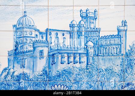 Azulejos che rappresenta il Palacio da Pena, Sintra costa di Lisbona, Portogallo, Europa Foto Stock