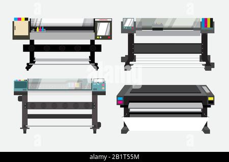 Set di stampanti di grandi dimensioni, plotter o di grande formato. Dispositivo per la creazione di supporti pubblicitari mediante combinazione di colori CMYK. Illustrazione vettoriale con livelli. Illustrazione Vettoriale