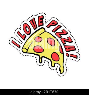Colorato adesivo decorativo di moda con testo amo la pizza, pezzo di fast food italiano con formaggio e pepe, illustrazione vettoriale isolato. Illustrazione Vettoriale