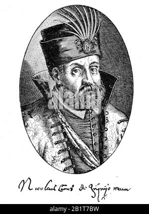 Nikola IV Zrinski o Miklos IV Zrínyi, 1507/1508 - 1566, noto anche come Nikola Šubic Zrinski, nobile e generale croato-ungherese, Ban di Croazia dal 1542 al 1556 / Nikolaus IV. Šubic von Zrin, kurz Nikolaus Šubic Zrinski, kroatisch Nikola Šubic Zrinski, ein Graf aus dem kroatisch-ungarischen Adelsgeschlecht Zrinski. Er War von 1542 bis 1556 der Ban von Kroatien, Historiisch, riproduzione digitale migliorata di un originale del 19th secolo / digitale Reproduktion einer Originalvorlage aus dem 19. Jahrhundert Foto Stock