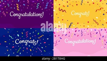 Congratulazioni banner confetti. Congrats card con confetti a colori, set di banner con lettere di congratulazioni Illustrazione Vettoriale