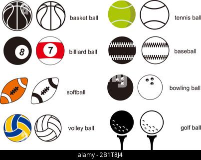 Palle sportive minimo piatto icona Set segno isolato su sfondo bianco. Semplice illustrazione del vettore del logo per la grafica e il web design. Illustrazione Vettoriale