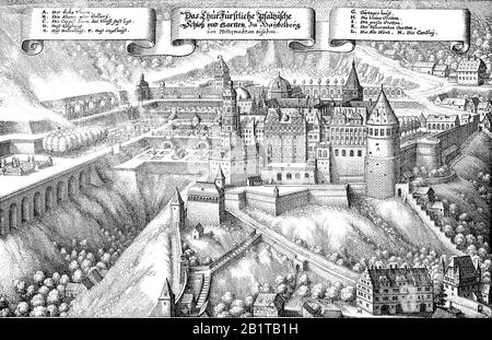 Heidelberg Castle, Baden Wuerttemberg, Germania / Heidelberg Schloss, Schloß Heidelberg Im 16. Jahrhundert, Baden Württemberg, Deutschland, Historisch, riproduzione digitale migliorata di un originale del 19th secolo / digitale Reproduktion einer Originallage vorlage aus dem 19. Jahrhundert Foto Stock