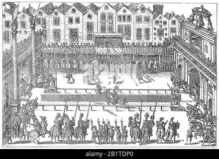 Enrico II, francese Henri II, 31 marzo 1519 - 10 luglio 1559, fu re di Francia dal 1547 al 1559, ferito in un torneo / Heinrich II, französisch Henri II, guerra von 1547 bis 1559 König von Frankreich, Verwundung bei einem Turnier, Historisch, Riproduzione digitale migliorata di un originale del 19th secolo / digitale Reproduktion einer Originalvorlage aus dem 19. Jahrhundert Foto Stock