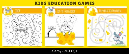 Mouse giochi per bambini. Gioco di colorazione, mouse trovare labirinto di formaggio e punto da dot cartoon vettore illustrazione set Illustrazione Vettoriale