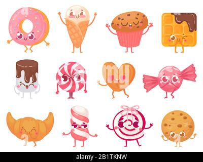 Dolci carini. Felice cupcake mascotte, divertente dolce caramella carattere e sorrise ciambella. Biscotti, gelato e croissant cartoon mascotte vettore illustrazione Illustrazione Vettoriale