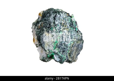 Malachite, minerale di idrossido di carbonato di rame, trovato in Vielsalm, Belgio su sfondo bianco Foto Stock