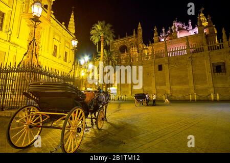 Siviglia, SPAGNA - 1 OTTOBRE 2019: La carrozza trainata da cavalli turistica si trova in Plaza del Triunfo e offre un piacevole giro notturno intorno al vecchio porto storico Foto Stock