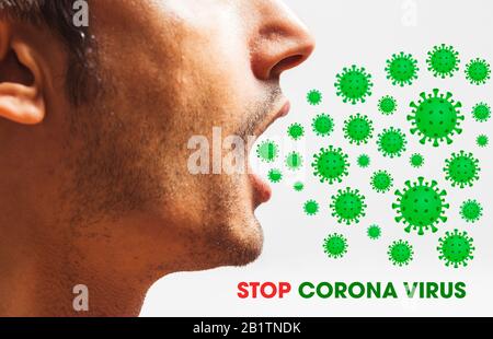 Stop Corona virus - Corona virus in uscita dalla bocca Foto Stock