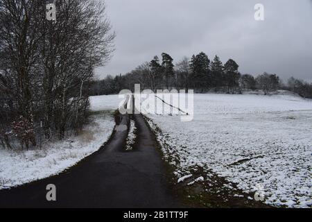 Strada invernale in Eifel, neve fresca Foto Stock