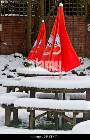 Tavoli e sedie ricoperti di neve nella birreria all'aperto Del Half Moon Inn a Stoke St Mary vicino a Taunton, Somerset, Inghilterra, Regno Unito Foto Stock