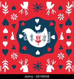 Vacanze Di Primavera O Buon Natale. Piastrelle della piazza d'arte folk doodle. Stile scandinavo, forme in colori festosi. Elementi clPart folclore - cervo, gallina Illustrazione Vettoriale