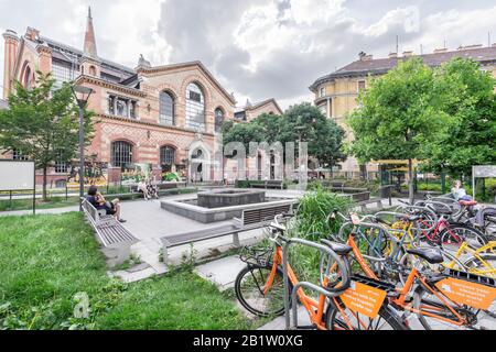 Budapest, Ungheria - 20 giugno 2019: La Grande Sala del mercato da dietro con persone sedute su panchine nel parco e sistema di condivisione bici. Foto Stock