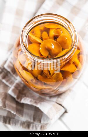 Funghi sottaceto. Funghi marinati in vaso su tovagliolo a scacchi. Foto Stock