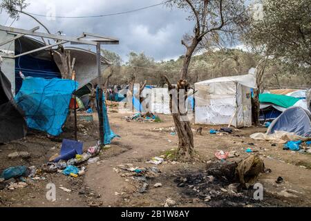 Lesbo, Grecia. 27th Feb, 2020. Un campo da tenda temporaneo vicino al campo di Moria. A seguito di gravi scontri tra polizia e abitanti arrabbiati dell'isola greca di Lesbo, che ha lasciato decine di feriti, il primo ministro Mitsotakis ha ordinato alla polizia antisommossa di ritirarsi dalle isole. Credito: Angelos Tzortzinis/Dpa/Dpa/Alamy Live News Foto Stock