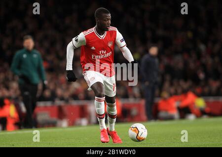 Londra, Regno Unito. 27th Feb, 2020. Nicolas Pepe dell'Arsenal in azione. UEFA Europa League, round of 32, 2nd leg match, Arsenal contro Olympiacos all'Emirates Stadium di Londra giovedì 27th febbraio 2020. Questa immagine può essere utilizzata solo a scopo editoriale. Solo uso editoriale, licenza richiesta per uso commerciale. Nessun uso nelle scommesse, nei giochi o in un singolo club/campionato/player publications . pic by Steffan Bowen/Andrew Orchard sports photography/Alamy Live News Credit: Andrew Orchard sports photography/Alamy Live News Foto Stock