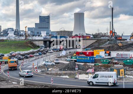 Raccordo autostradale Herne, collegamento delle autostrade A42 e A43, grande cantiere, ricostruzione completa dello svincolo di Herne, con una tunica Foto Stock