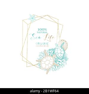 Cosmetici in acqua di mare, alghe marine organiche alghe marine alghe marine e crema per la cura della pelle di alghe, gel o pacchetto di lozione, vettore premium design. Linea arte oceano corallo, tartaruga e stelle marine, minerali di mare morto per la cura del corpo Illustrazione Vettoriale