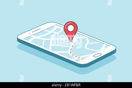 Navigazione GPS o percorso con simbolo di check-in sullo schermo del telefono cellulare. Vettore Illustrazione Vettoriale