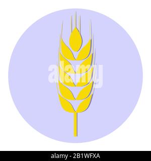 Illustrazione di un orecchio dorato di grano su cerchio blu pastello isolato su sfondo bianco. Foto Stock