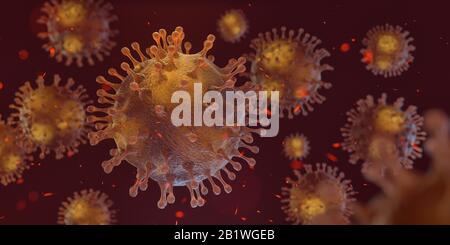 Malattia patogeno coronavirus respiratorio influenza focolaio microscopico vista delle cellule fluttuanti del virus influenzale. Pericoloso virus della corona ncov asiatica, SARS Foto Stock