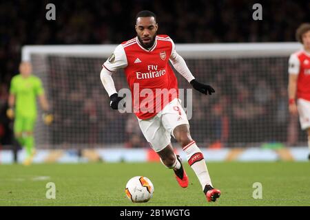 Londra, Regno Unito. 27th Feb, 2020. Alexandre Lacazette dell'Arsenal in azione. UEFA Europa League, round of 32, 2nd leg match, Arsenal contro Olympiacos all'Emirates Stadium di Londra giovedì 27th febbraio 2020. Questa immagine può essere utilizzata solo a scopo editoriale. Solo uso editoriale, licenza richiesta per uso commerciale. Nessun uso nelle scommesse, nei giochi o in un singolo club/campionato/player publications . pic by Steffan Bowen/Andrew Orchard sports photography/Alamy Live News Credit: Andrew Orchard sports photography/Alamy Live News Foto Stock