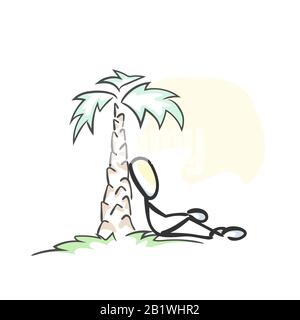 Vacanza sotto palma. Isola tropicale. Mare, oceano, sole ed estate. Disegnato a mano. Cartone animato Stickman. Schizzo barboncino, illustrazione grafica vettoriale Illustrazione Vettoriale