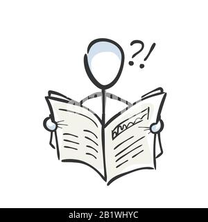 Uomo che legge giornale. Articolo di notizie. Disegnato a mano. Cartone animato Stickman. Schizzo barboncino, illustrazione grafica vettoriale Illustrazione Vettoriale