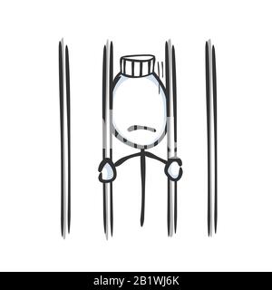 Arrestato mane in prigione. Prigioniero triste. Criminale in cella di prigione. Disegnato a mano. Cartone animato Stickman. Schizzo barboncino, illustrazione grafica vettoriale Illustrazione Vettoriale