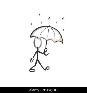 Uomo con ombrello che cammina sotto la pioggia. Giorno di pioggia, tempo Piovoso. Disegnato a mano. Cartone animato Stickman. Schizzo barboncino, illustrazione grafica vettoriale Illustrazione Vettoriale