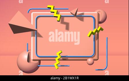 Cornice astratta in stile 90s con oggetti e forme 3d volanti Illustrazione Vettoriale