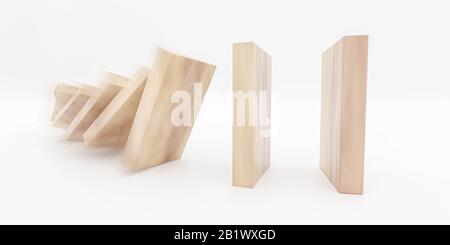 blocchi di legno cadenti isolati su sfondo bianco, domino effect concept 3d rappresentazione illustrazione Foto Stock