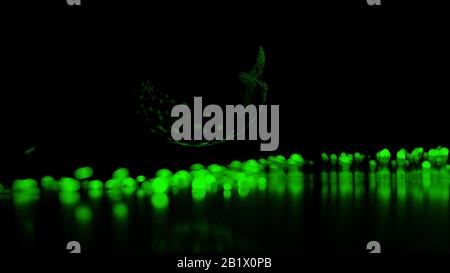 Flusso astratto di particelle sferiche riflesse da una grande sfera circolare nera. I paricoli sono verdi e luminosi e hanno una luminosità diversa. 3d Foto Stock