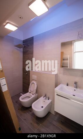 lavori in corso lusso elegante bagno incompiuto interni con wc, bidet lavabo fantasia doccia sulla parete Foto Stock