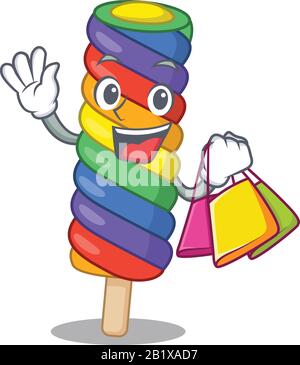 Un gelato ricco arcobaleno amichevole che ondola e tiene il sacchetto di shopping Illustrazione Vettoriale