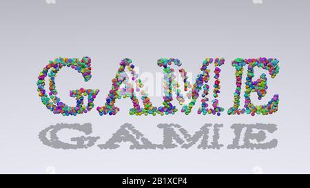 Gioco: 3D illustrazione del testo fatto di piccoli oggetti su uno sfondo bianco con ombre Foto Stock