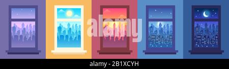 Paesaggio cittadino diurno nella finestra. Modifica dell'ora del giorno, vista notturna della città dalla finestra e dal paesaggio urbano nel set di illustrazioni vettoriali Frame Illustrazione Vettoriale