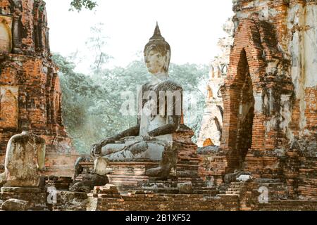 Antiche rovine nel Parco storico di Ayutthaya, una delle famose destinazioni culturali di viaggio in Thailandia Foto Stock