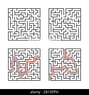 Una serie di labirinti quadrati. Gioco per bambini. Puzzle per bambini. Labirinto enigma. Immagine vettoriale piatta isolata su sfondo bianco. Con risposta. Illustrazione Vettoriale