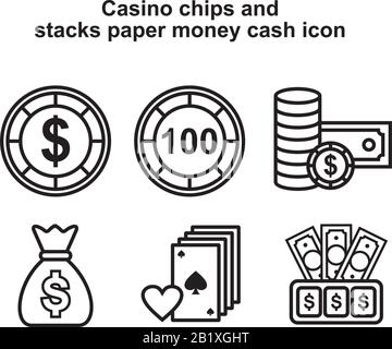 Casino Chips e pile carta denaro contante icona modello nero colore modificabile. Casino chips e pile carta denaro contante icona simbolo vettore piatto illustra Illustrazione Vettoriale