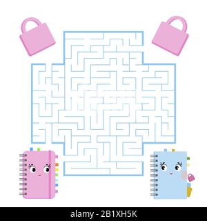 Labirinto quadrato di colore. Gioco per bambini. Puzzle per bambini. Aiuta i notebook carini a incontrarsi. Labirinto enigma. Illustrazione del vettore piatto. Stile cartone animato Illustrazione Vettoriale