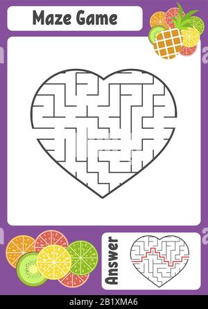 Labirinto nella forma di un cuore. Fogli di lavoro per bambini. Pagina attività. Puzzle di gioco per bambini. Appetitosi frutti tropicali. Labirinto enigma. Illust. Vettore Illustrazione Vettoriale